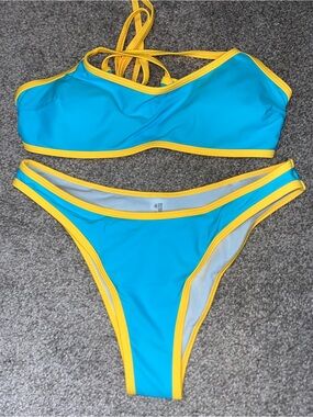 SHEIN Blue Bikini Set with Yellow Trim, Med